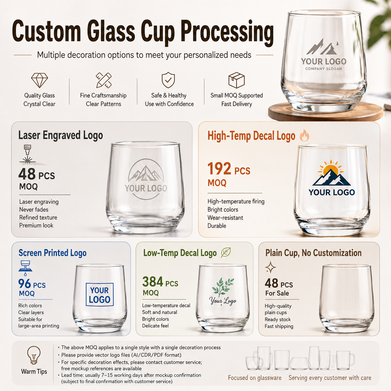 Logo decoration options for glass cups including engraving, screen printing and decal applications