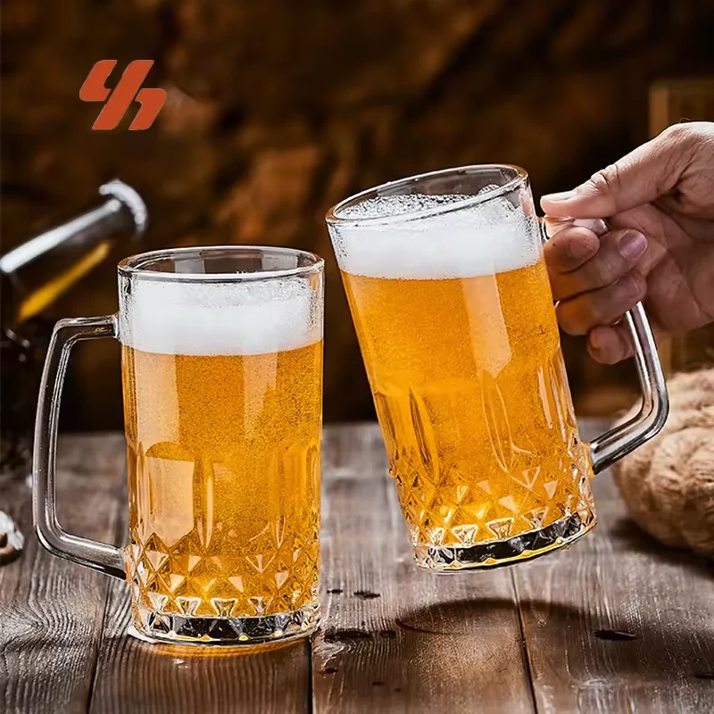 Wholesale High Quality Clear Glacier Pattern Glass Mugs Beer Glasses Cup with Handle for Bar Hotel Restaurant
