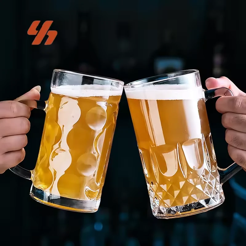 Wholesale Custom logo 480/550/1200 ml Modern Blanks Transparent Draft Beer Thick Base Glass Beer Mug with Handle