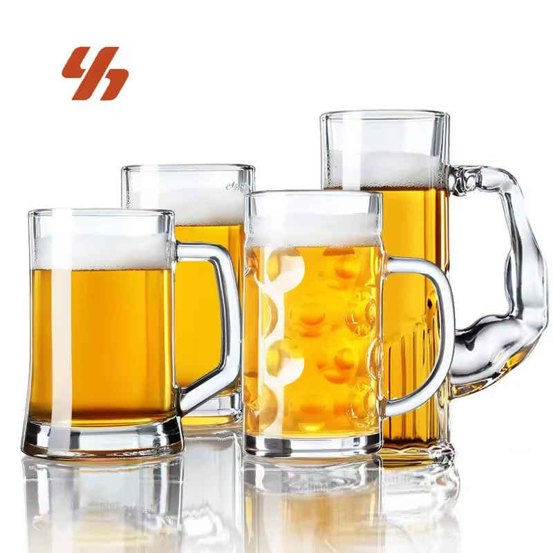 Wholesale Custom Classic Thicken Strong Beer Mugs Glass Steins Soft Drinks Glass Cup Beer Glass with Handle for Restaurant Part