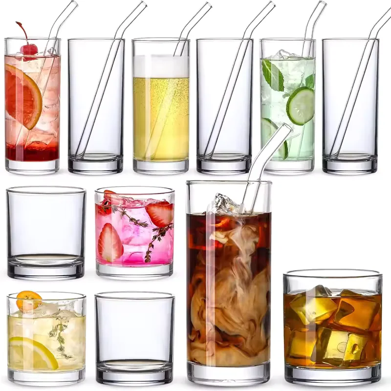 Wholesale 12oz Straight Wall Glass with Straw Clear Drinking Tumbler for Iced Coffee Beer Cocktails Hotel Bar Custom Logo
