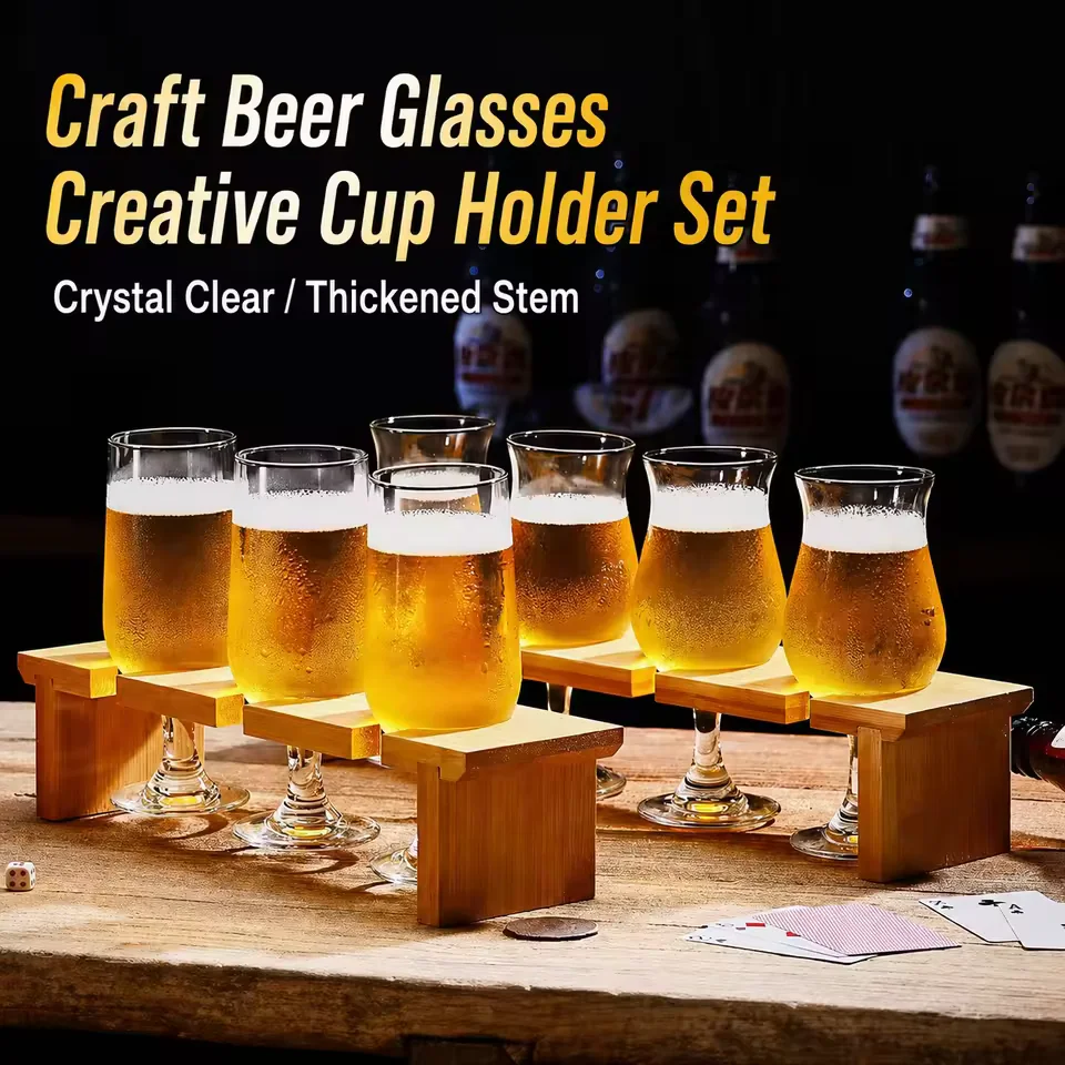 Custom Logo Craft Beer Tasting Glass Set with Wooden Holder Flight Paddle for Commercial Brewery Pub Bar Restaurant Wholesale
