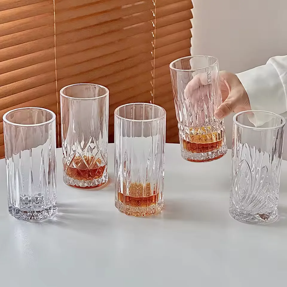 Wholesale Nordic Carved Glass Tumbler Premium Drinking Cup for Whiskey Tea Milk Beer Juice Long Drinks Home Restaurant Bar Use