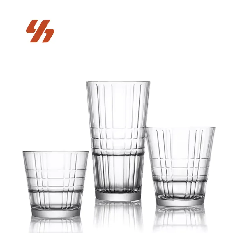 Wholesale Tempered Embossed Grid Glass Cup Stackable Beer Tumbler for Coffee Juice Drinks Restaurant Bar Custom Logo Use
