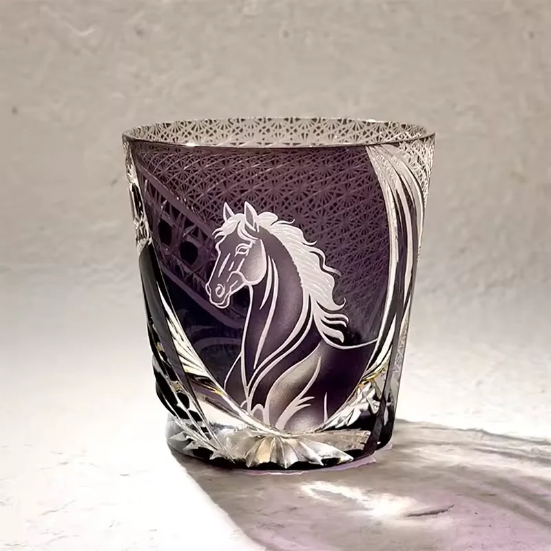 Horse Pattern Edo Kiriko Glass Hand Carved Old-fashioned Whisky Glasses Classic Design Bourbon Brandy Glass for Party Gift Use