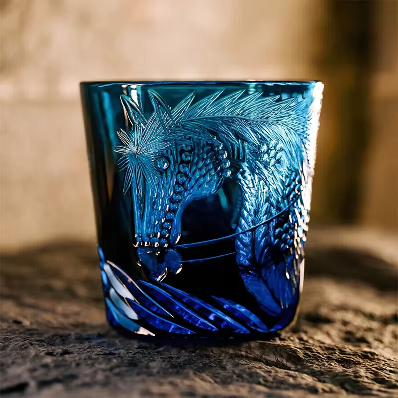 Japanese Edo Kiriko Old-fashioned Whisky Glasses Horse Pattern Hand Carved Bourbon Brandy Glass Classic Design for Party Use