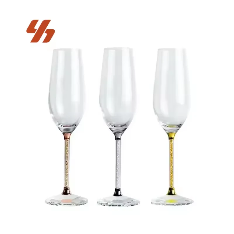 Wholesale Handmade 230ml Rose Gold Diamond Long Stem Champagne Flutes Personalized Wedding Glass Goblet with Luxury Gift Box