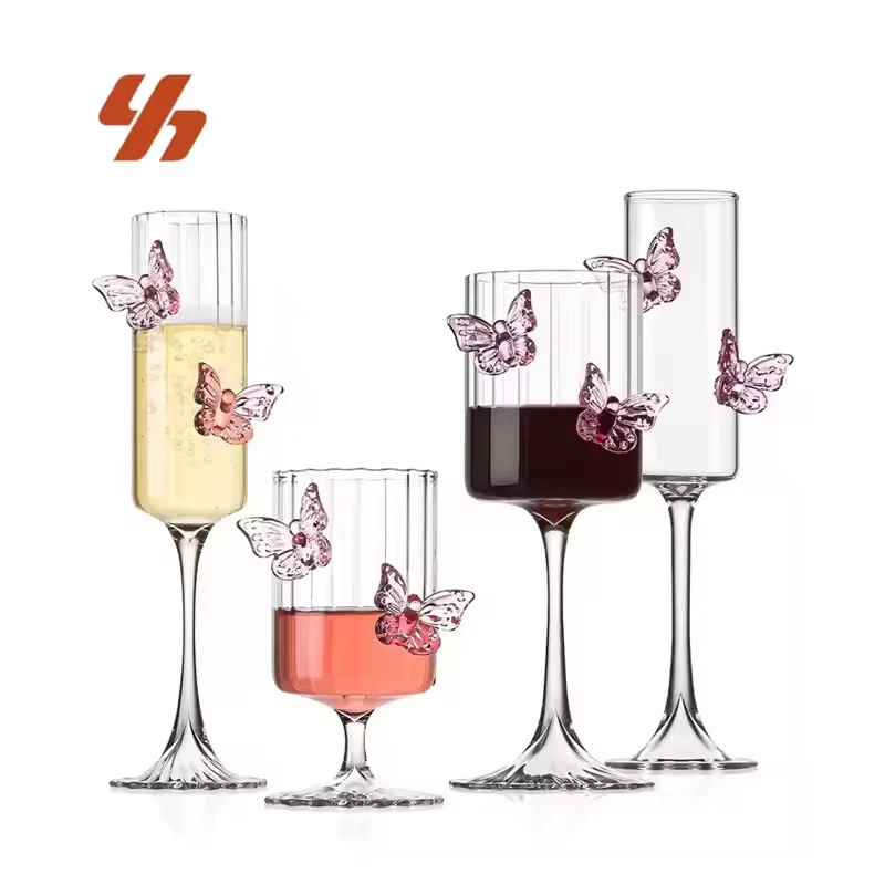 Wholesale Creative Vintage Design Cocktail Ins Decorative 3D Butterfly Glass Goblet Crystal Champagne Flutes for Wedding Party