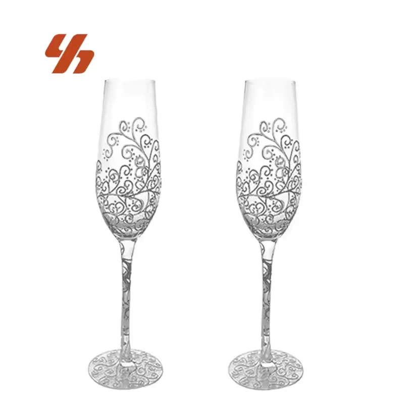 Opulent Handmade 200ml Champagne Flutes Silver Paintings Pattern Flower Design Crystal Wedding Gifts Banquet Glasses Goblet
