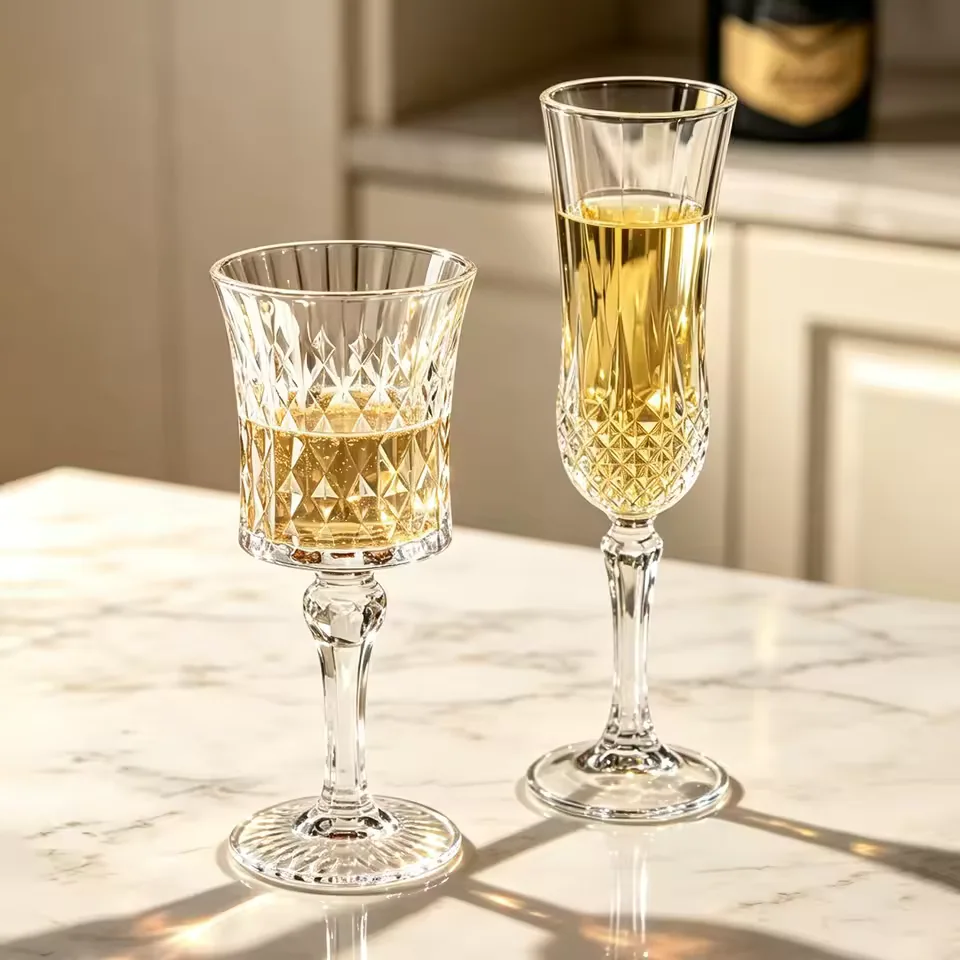 Wholesale French Style Tall Stem Champagne Glass European Embossed Red Wine Goblet for Juice Wedding Restaurant Hotel Bar