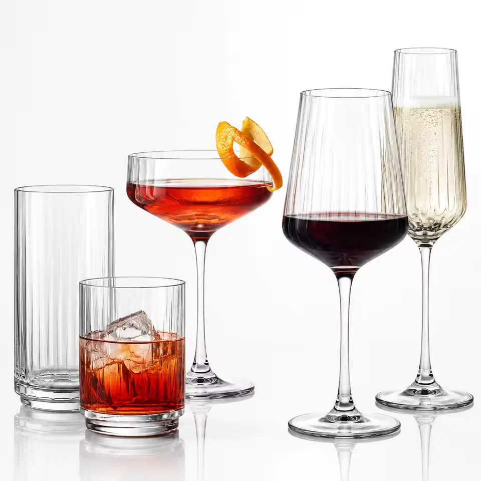 Wholesale Modern Vintage Ribbed Red Wine Glass Set Hand Blown Crystal Goblets for Champagne Brandy Restaurant Hotel Bar Use