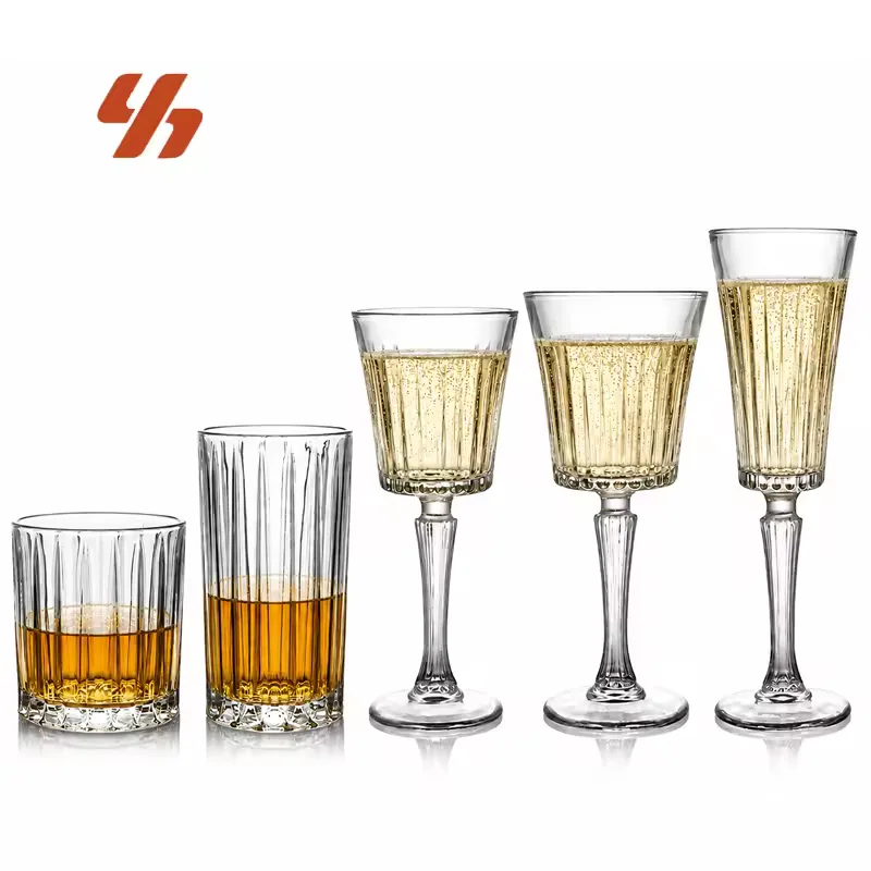 Wholesale Vintage Embossed Champagne Flute Vertical Striped Stemmed Wine Goblet for Wedding Party Restaurant Custom Logo Use