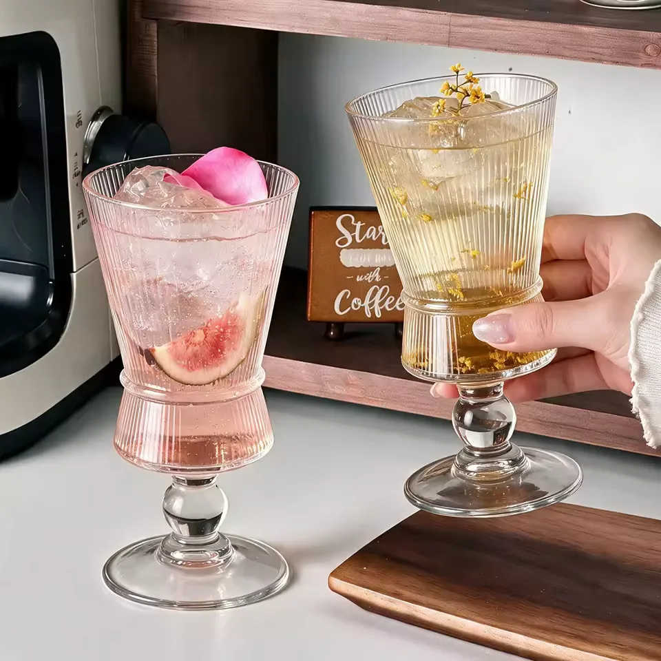 Wholesale Palace Style Vertical Patterned Tall Stem Cocktail Glass Champagne Goblet for Juice Cold Brew Coffee Custom Logo Use