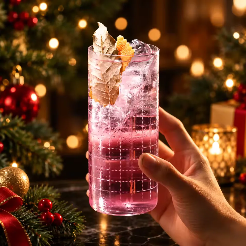 Christmas Ultra Thin Collins Glass Long Drink Tumbler with Floral Print for Gin Tonic Cocktails Bar Party Wholesale