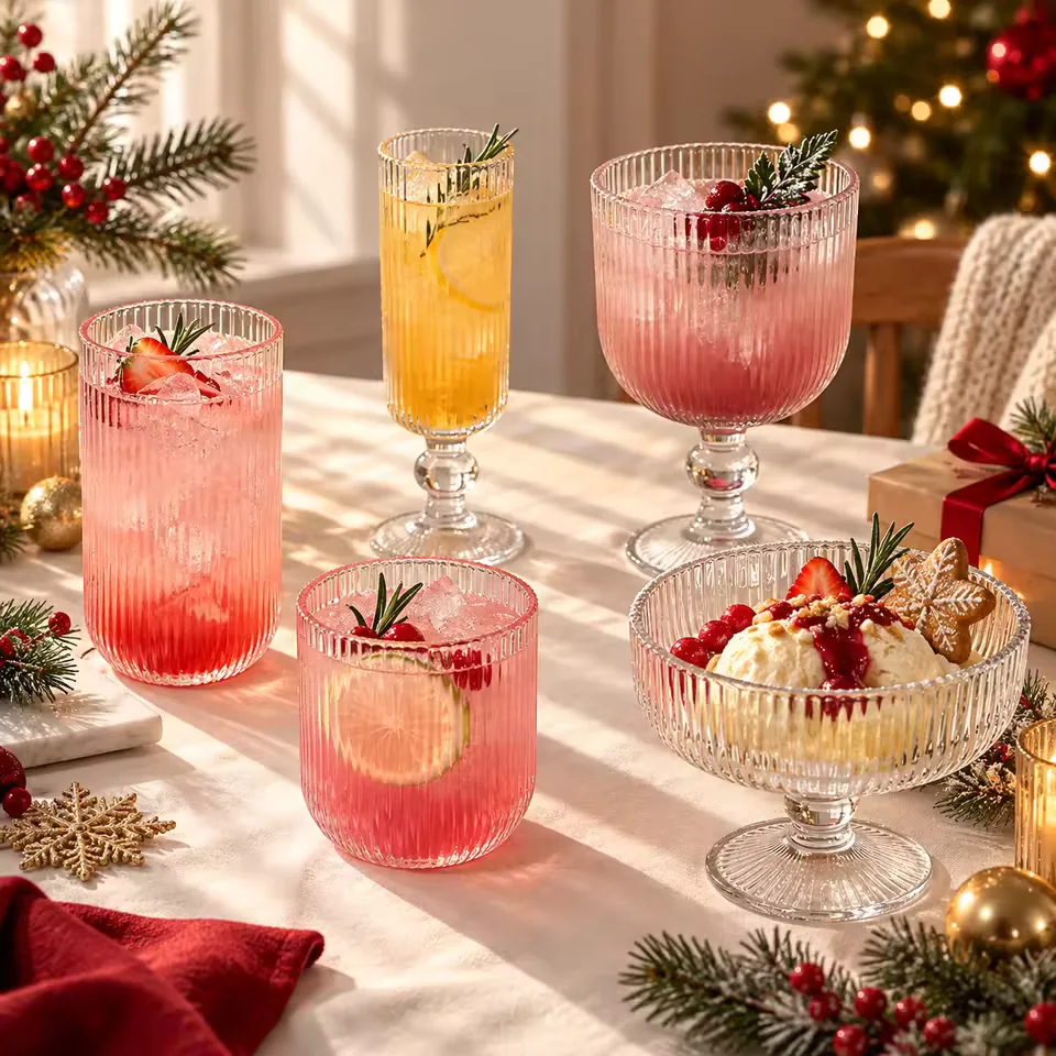 Custom Logo Christmas Vintage Tall Stem Dessert Glass Vertical Pattern Cup for Ice Cream Yogurt Cocktails Juice Wholesale