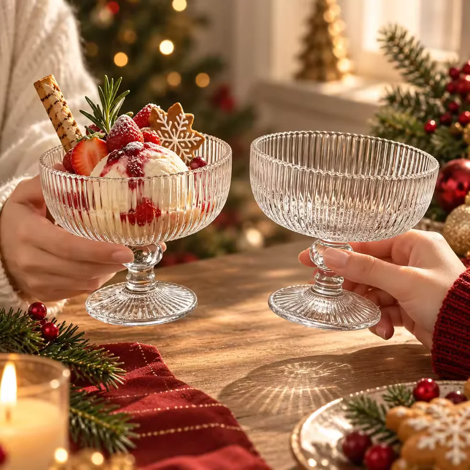 Vintage Christmas Tall Stem Ice Cream Glass Vertical Ribbed Dessert Cocktail Cup for Yogurt Juice Cold Drinks Cafe Wholesale