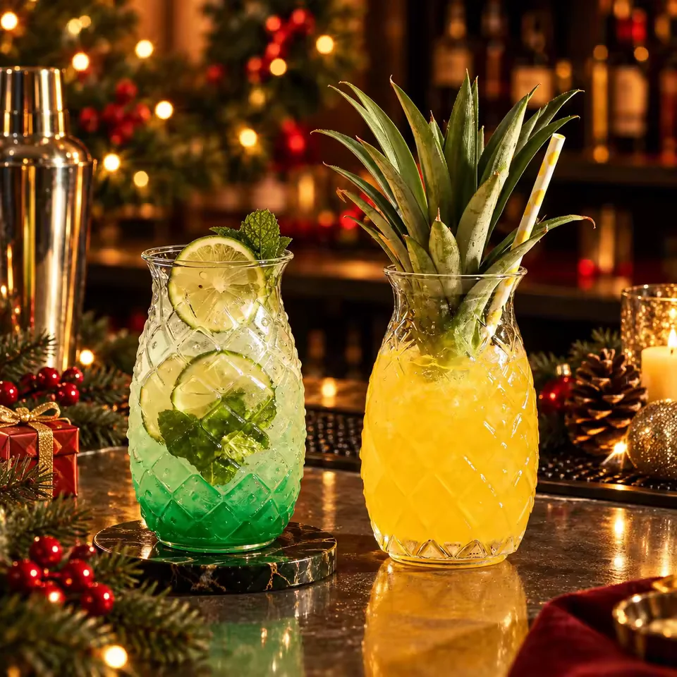 Wholesale Embossed Pineapple Glass Straw Cup for Fruit Tea Juice Sparkling Water Cocktails Restaurant Christmas Custom Logo