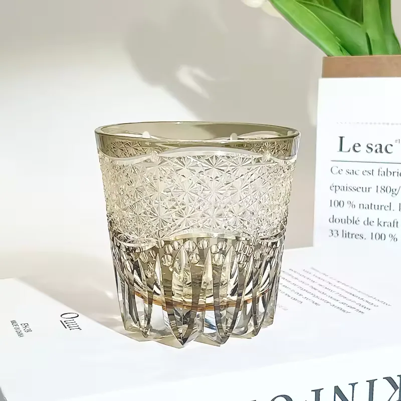 Luxury Yellow Crystal Whiskey Glass Edo Kiriko Style Handmade Rock Shot Glass Bohemia Design for Wine Whisky Bar Gift Use