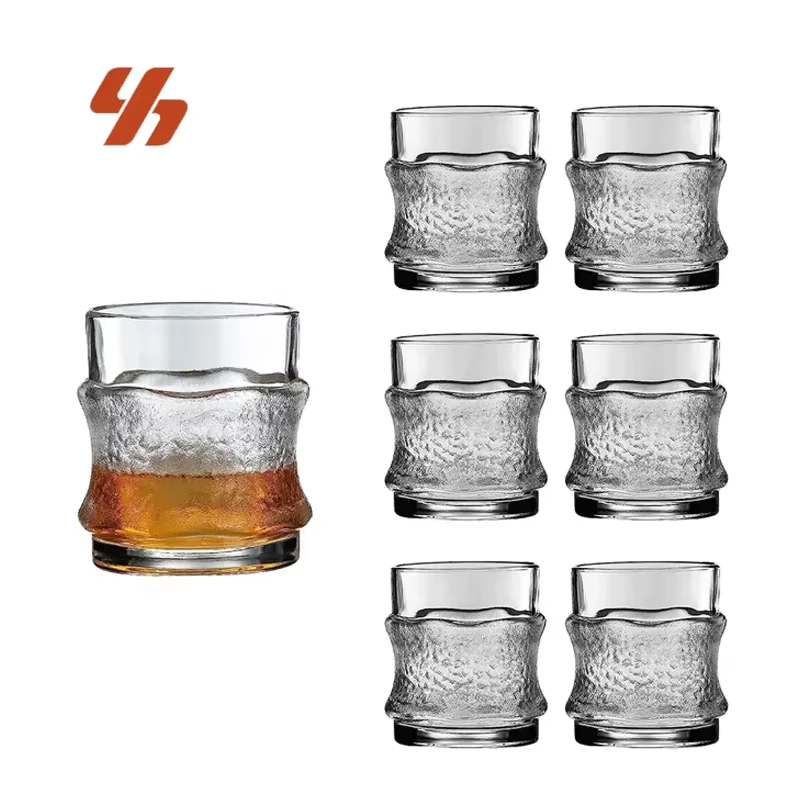 Wholesale Japanese Style 9oz Hammered Texture Old-Fashioned Whiskey Tumbler High Quality Frosted Rock Crystal Glass Cup Tree