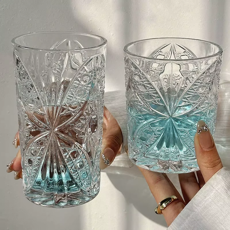 Wholesale Double Old Fashioned Spirit Butterfly Pattern Whiskey Rocks Glass Cup Embossed Juice Glasses for Bar or Home