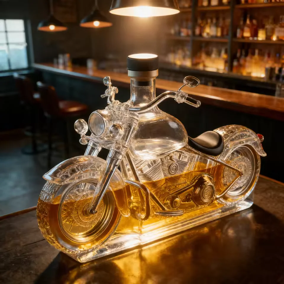 Premium Motorbike Glass Whiskey Decanter Motorcycle Shaped Liquor Bottle for Bar Display Home Decor Custom Logo Wholesale