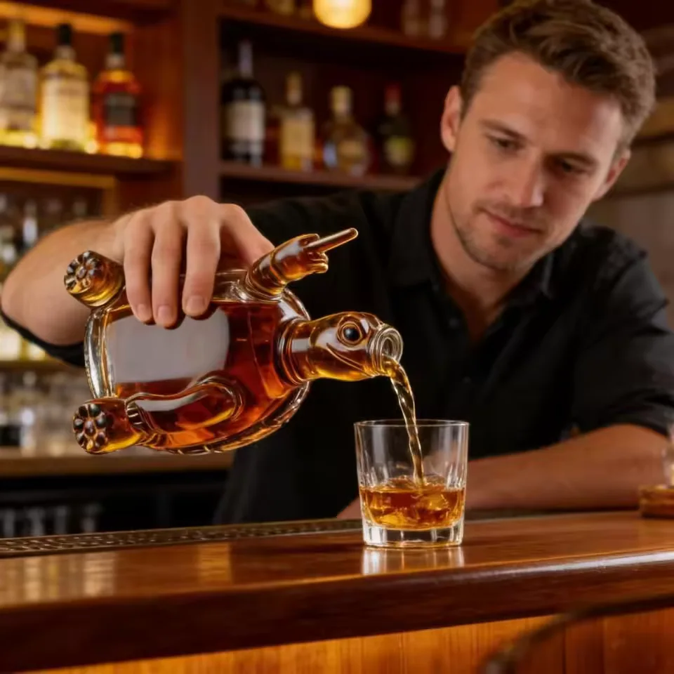 Wholesale Turtle Shape Glass Whiskey Decanter Set 350ml Novelty Figurine Bottle with Glasses Cork Stopper for Home Bar Gift