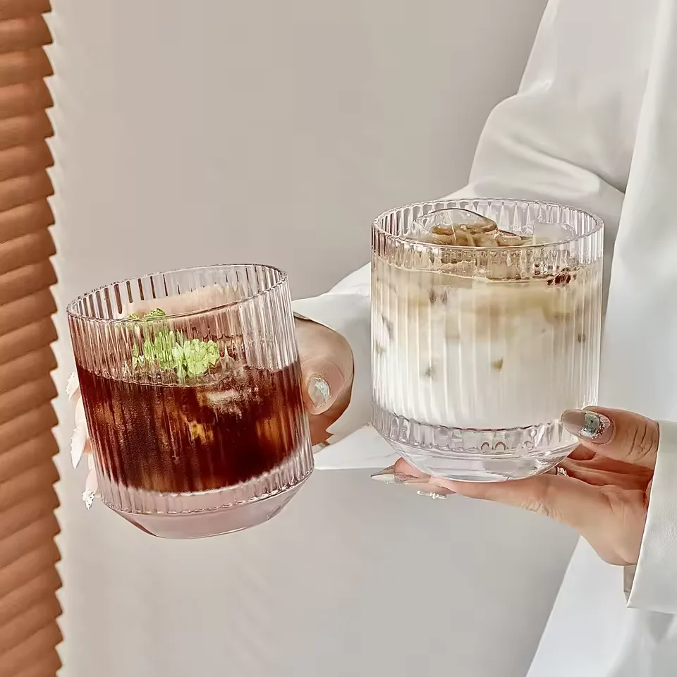 Minimalist Vertical Grain Glass Tumbler for Whiskey Iced Americano Latte Milk Coffee Cocktails Highball Bar Restaurant Wholesale