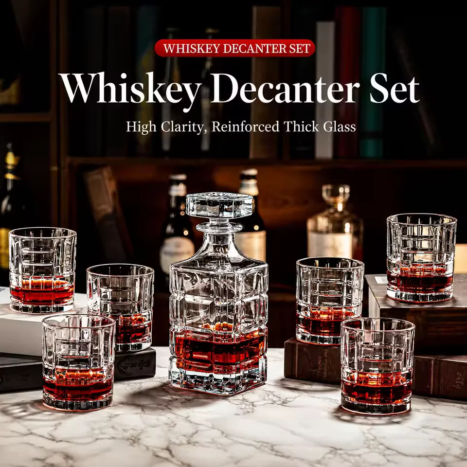 Wholesale European Style Crystal Whiskey Glass Set with Decanter for Home Bar Whisky Liquor Beer Custom Logo Gift Use