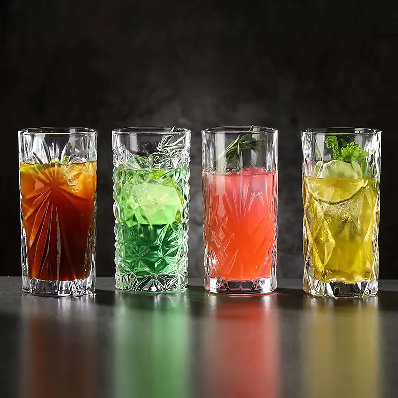 Wholesale Thickened Embossed Collins Glass Straight Cut Tumbler for Mojito Long Island Iced Tea Whiskey Cocktails Custom Logo