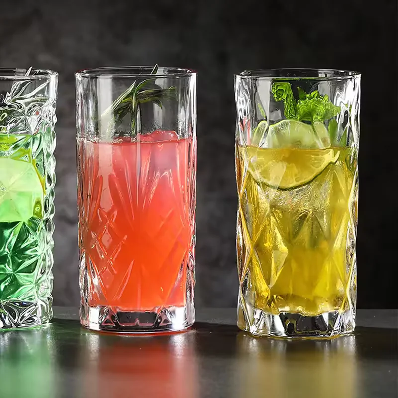Classic Thickened Embossed Collins Glass Straight Cut Long Drink Tumbler for Mojito Whiskey Cocktails Bar Restaurant Wholesale