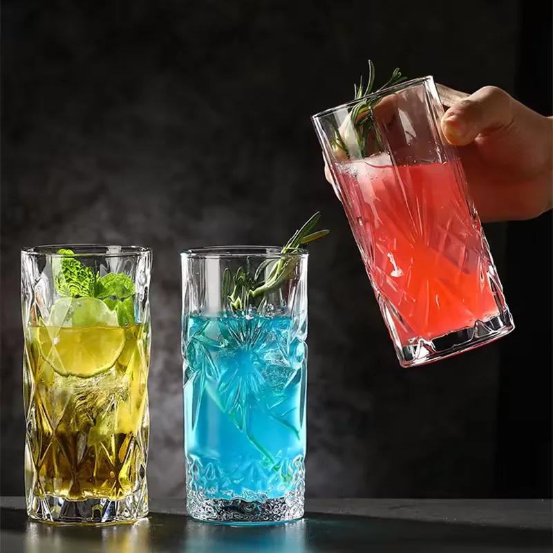 Vintage Embossed Collins Glass Thickened Straight Cut Tumbler for Mojito Whiskey Cocktails Restaurant Bar Wholesale Custom Logo